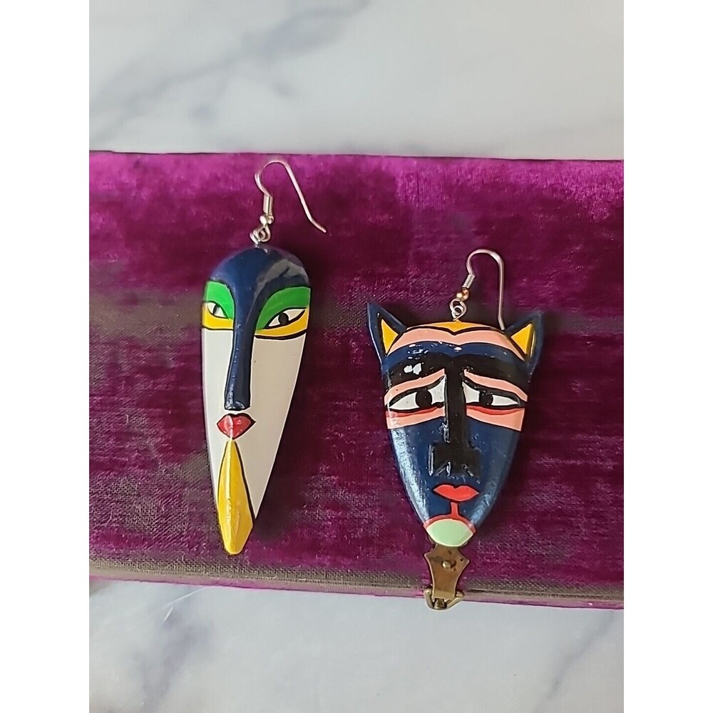 Vintage Wooden Dangling Handpainted Pierced Earrings MISMATCHED Pair, READ